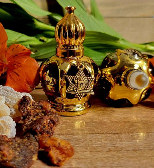 Frankincense, Myrrh, And Royal Balm of Gilead Essential Oil Blend 12ml Jerusalem Gold Bottle with Real24kt Kosher Gold flakes-A sukkot favorite