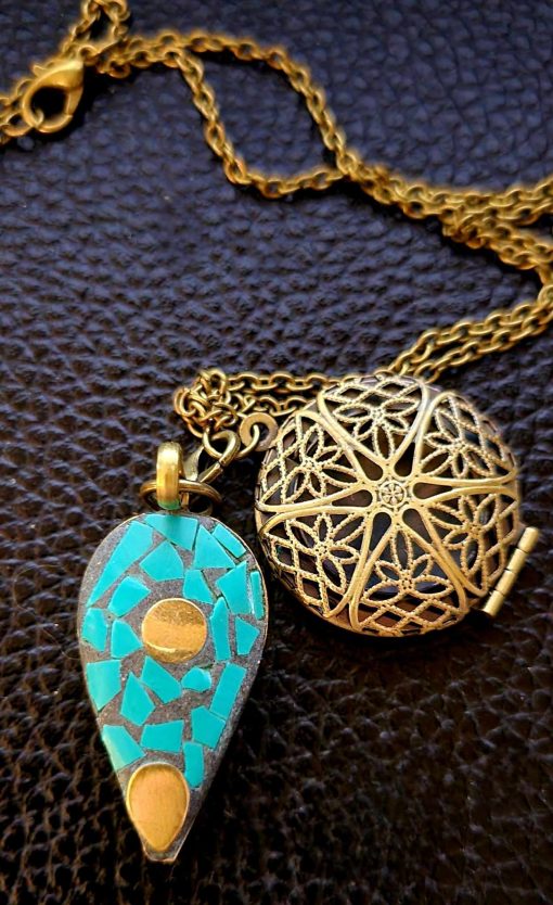 Vintage Mosaic Teal Bronze Jerusalem Oil Lamp Comes with A Matching Essential Oil Diffuser Locket Pendant - Image 2