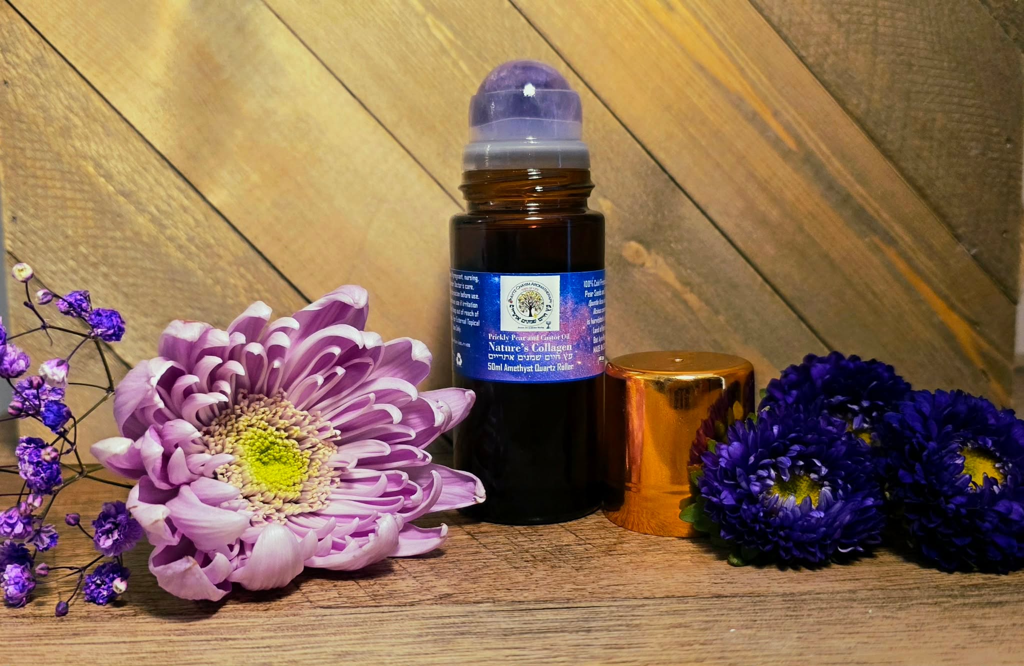 Nature's Collagen Prickly Pear Seed and Castor Oil Serum DUO SET 50ml Amethyst Quartz roller-top bottle, matching under-eye 10ml serum Amethyst Quartz top.