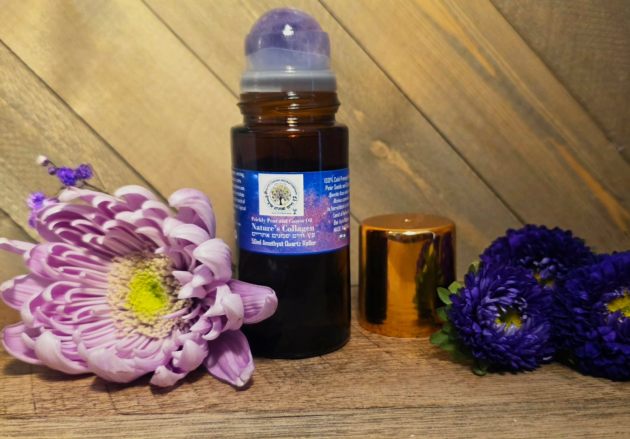 Nature's Collagen Prickly Pear Seed and Castor Oil Serum DUO SET 50ml Amethyst Quartz roller-top bottle, matching under-eye 10ml serum Amethyst Quartz top. - Image 4